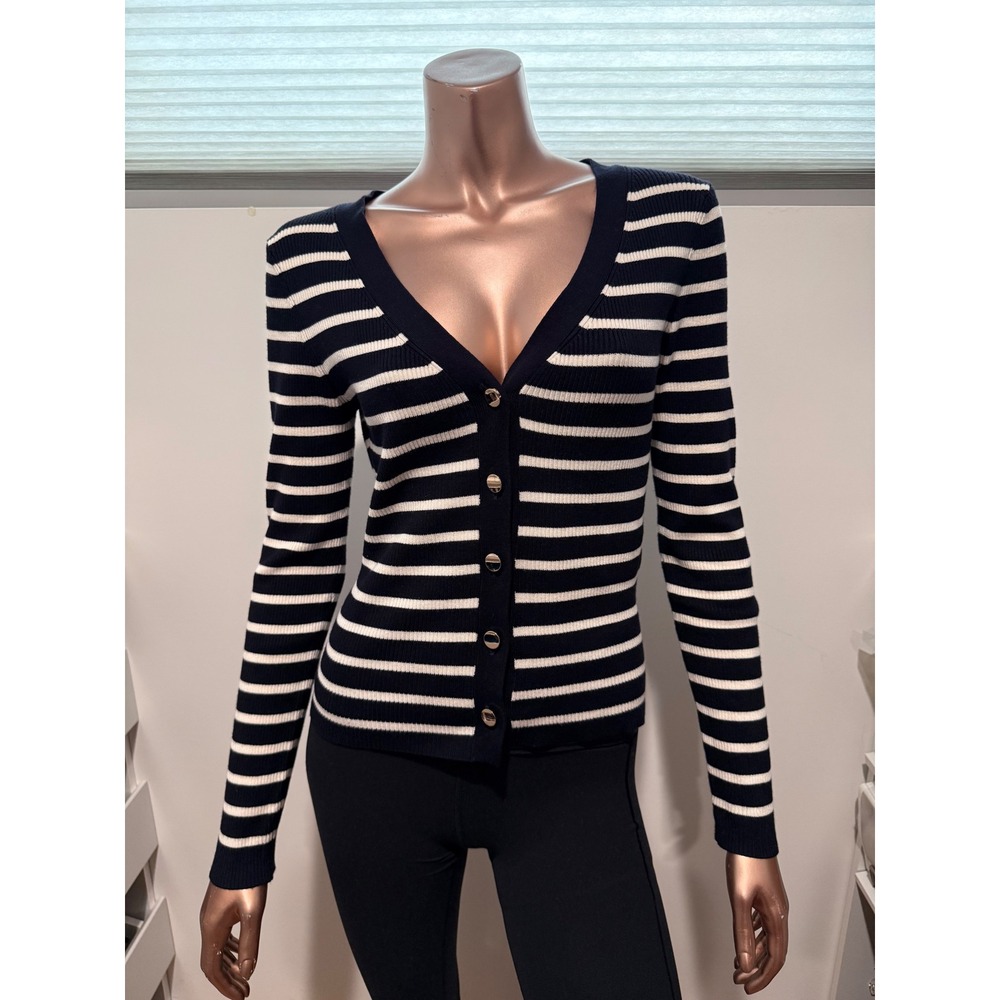 Morgan De Toi Navy White Striped Ribbed V-Neck Cardigan Gold Buttons Coastal/M